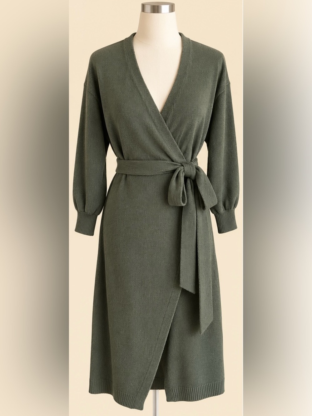 Mable Olive Green Wrap Sweater Dress M Belted Midi Knit Dolman Sleeve